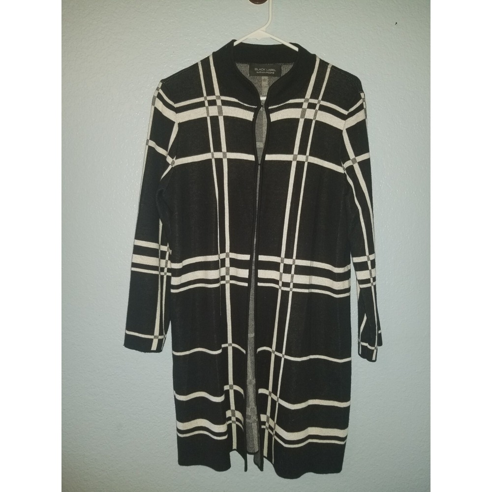 EVAN PICONE BLACK LABEL Sweater  Size L Elegant Black White Open Cardigan Duster